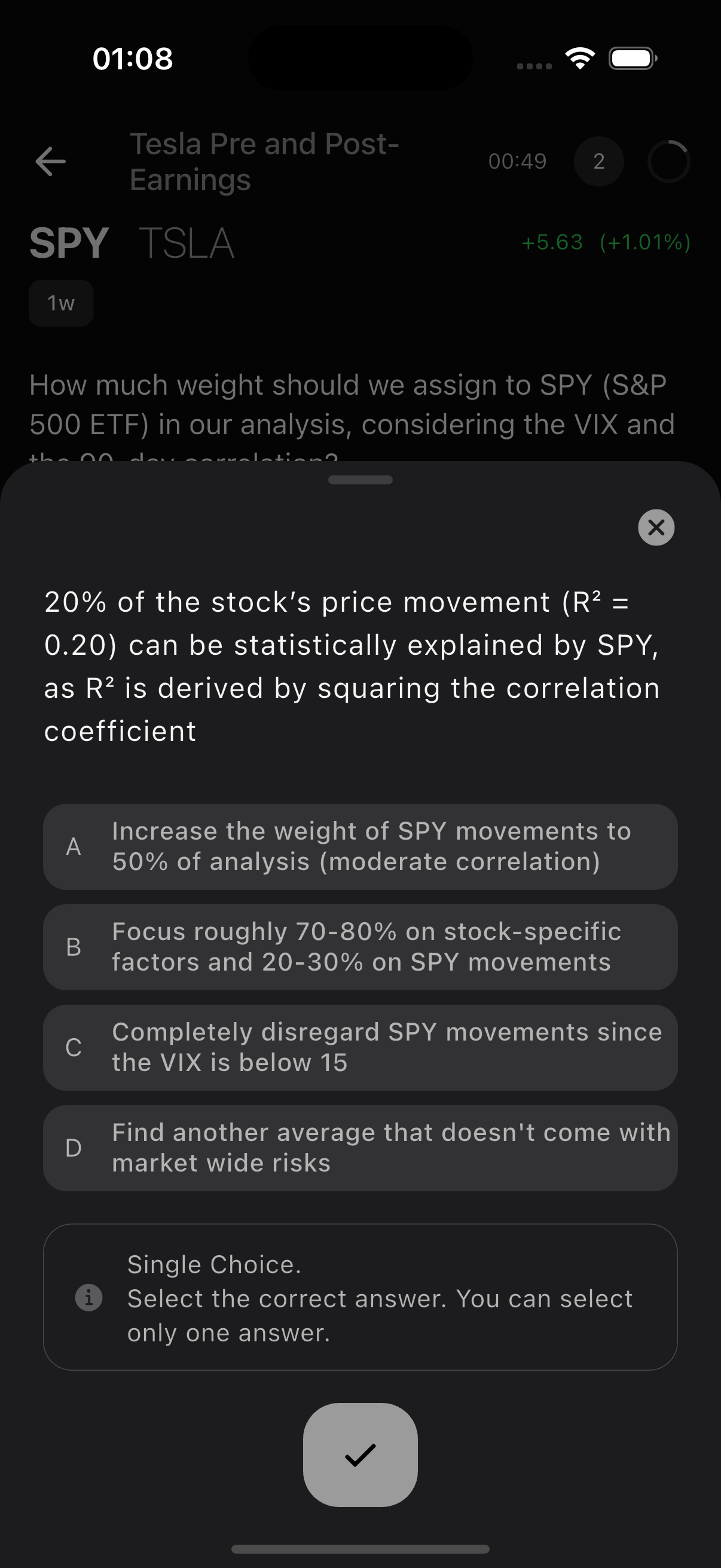 Multi-select quiz interface showing risk factors and signal confluence with checkboxes for learner selection